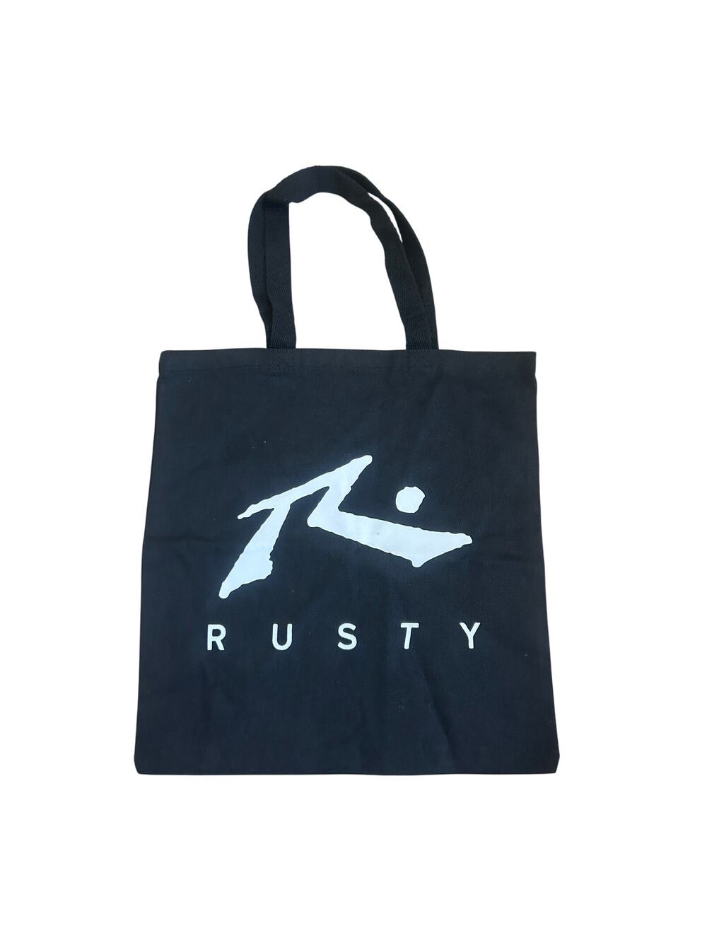 Rusty Black Canvas Tote Bag – Surf Brand Logo Print, 15.5" x 15"